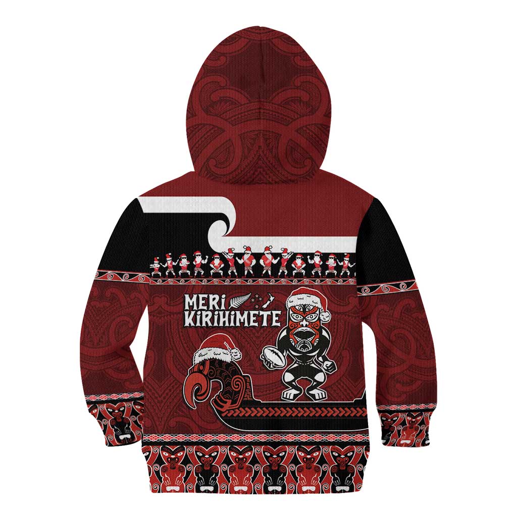 New Zealand Christmas Kid Hoodie Meri Kirihimete Aotearoa Warrior on Waka with Maori Art Tattoo