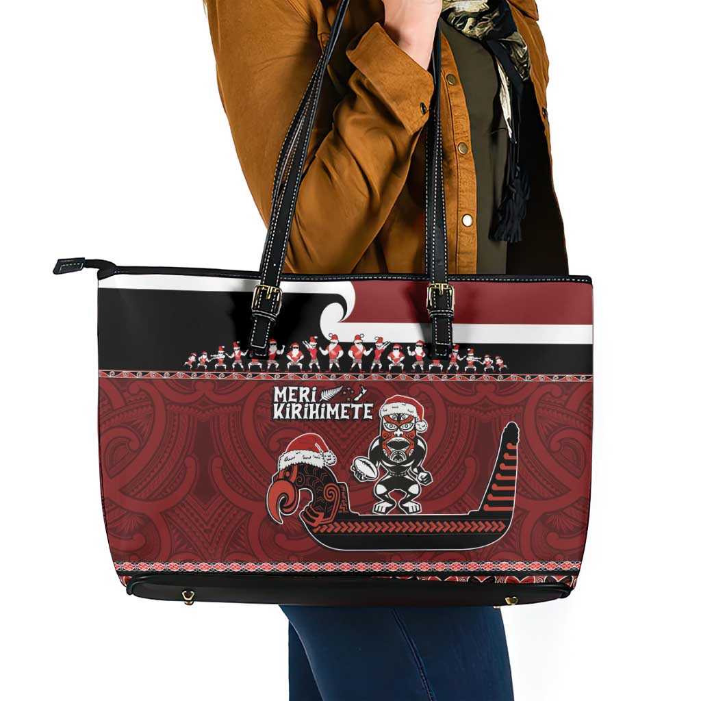 New Zealand Christmas Leather Tote Bag Meri Kirihimete Aotearoa Warrior on Waka with Maori Art Tattoo