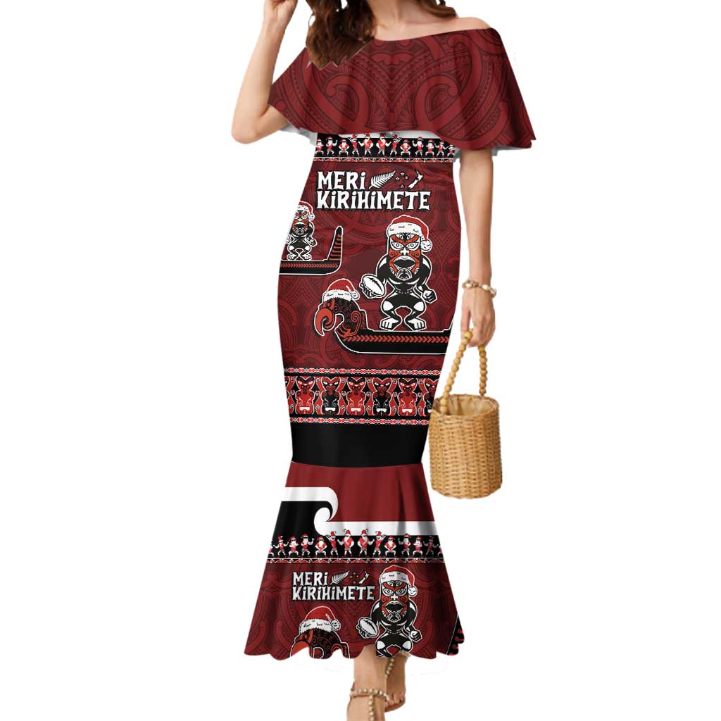 New Zealand Christmas Mermaid Dress Meri Kirihimete Aotearoa Warrior on Waka with Maori Art Tattoo