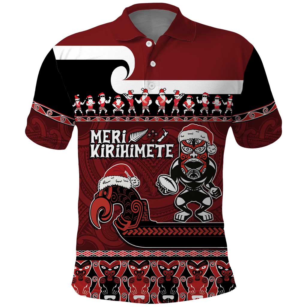 New Zealand Christmas Polo Shirt Meri Kirihimete Aotearoa Warrior on Waka with Maori Art Tattoo