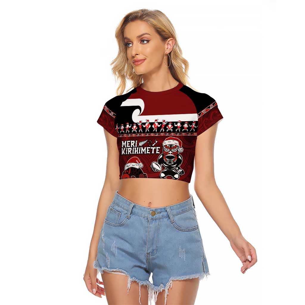 New Zealand Christmas Raglan Cropped T Shirt Meri Kirihimete Aotearoa Warrior on Waka with Maori Art Tattoo LT03 Female Red - Polynesian Pride