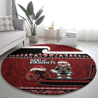 New Zealand Christmas Round Carpet Meri Kirihimete Aotearoa Warrior on Waka with Maori Art Tattoo