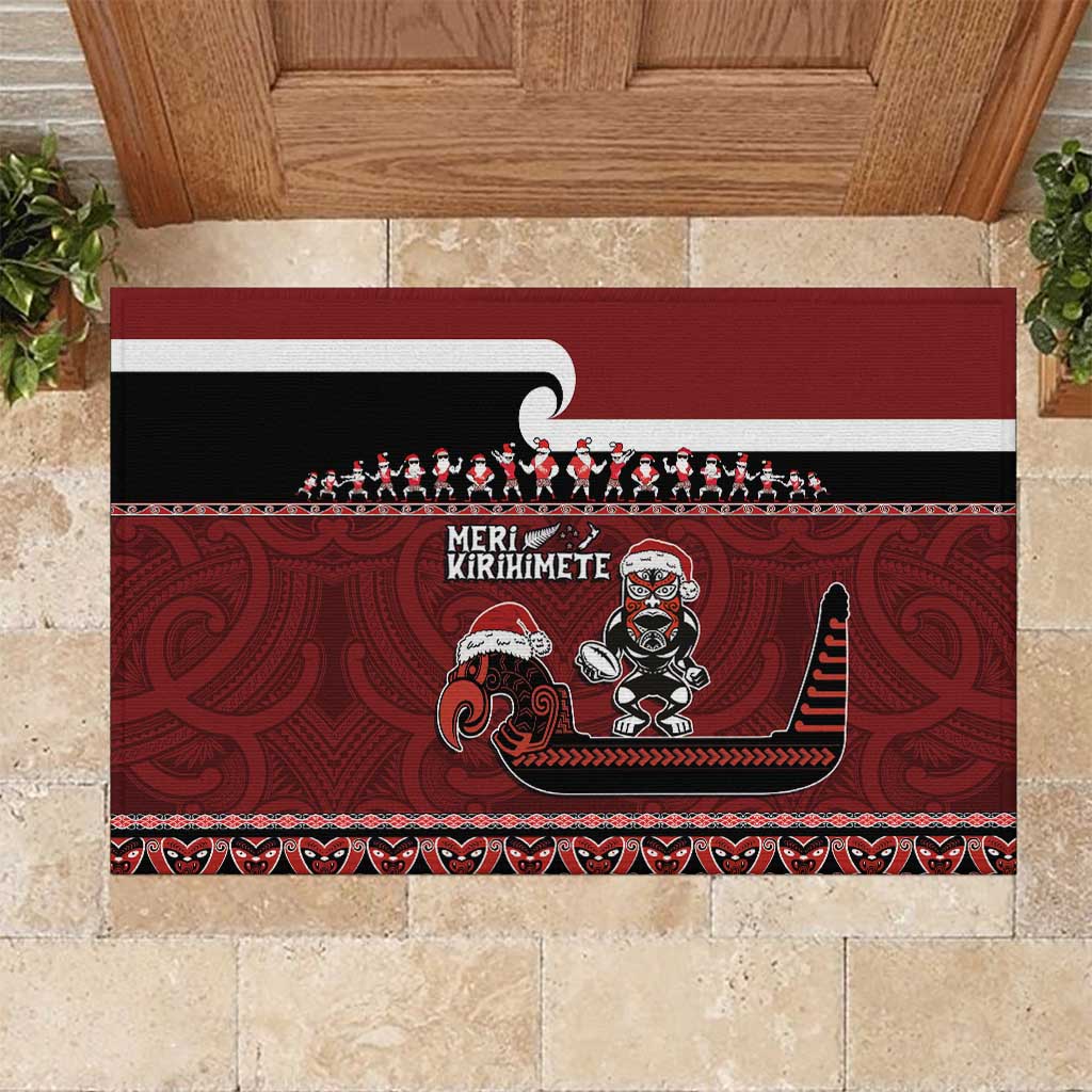 New Zealand Christmas Rubber Doormat Meri Kirihimete Aotearoa Warrior on Waka with Maori Art Tattoo LT03 Red - Polynesian Pride