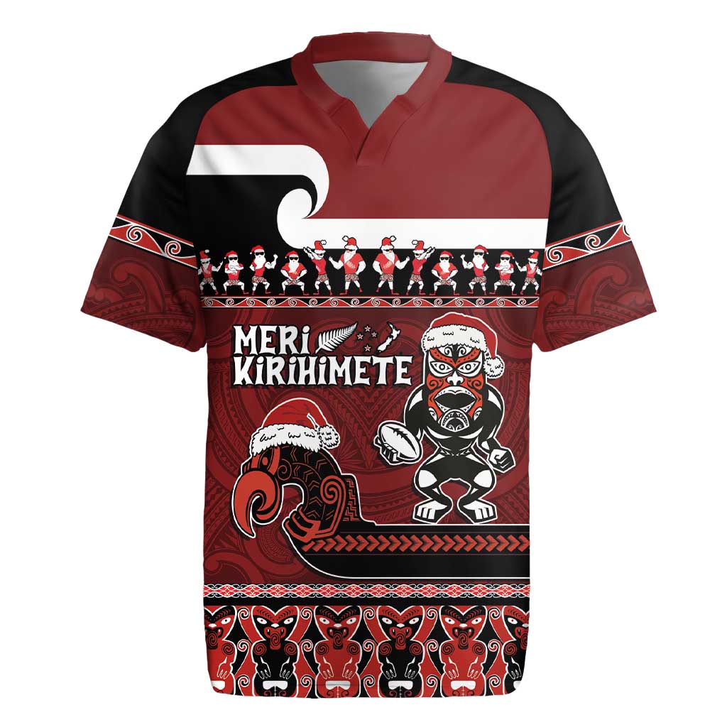 New Zealand Christmas Rugby Jersey Meri Kirihimete Aotearoa Warrior on Waka with Maori Art Tattoo