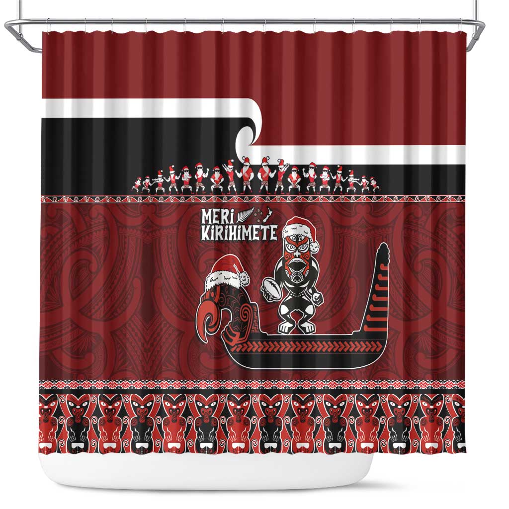 New Zealand Christmas Shower Curtain Meri Kirihimete Aotearoa Warrior on Waka with Maori Art Tattoo