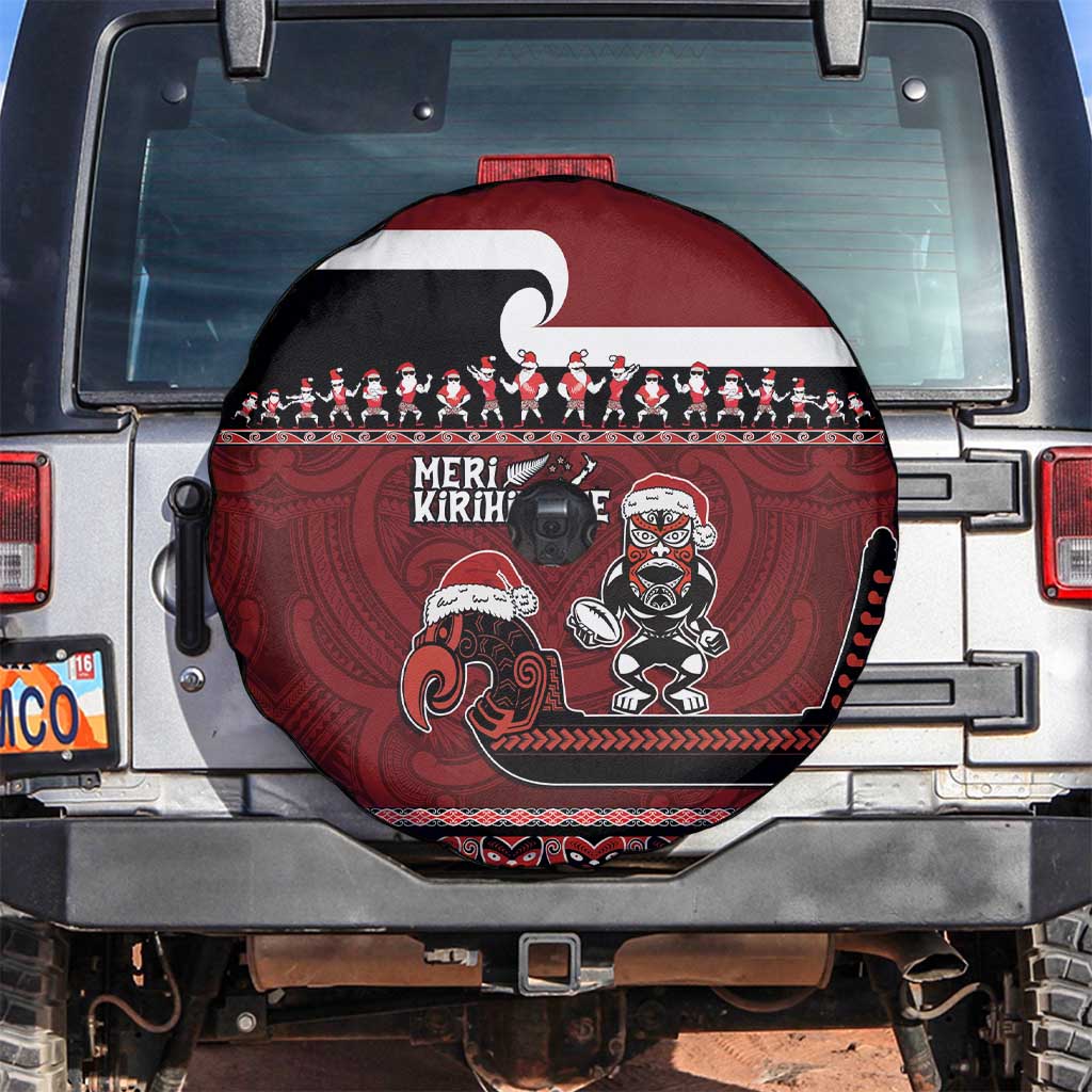 New Zealand Christmas Spare Tire Cover Meri Kirihimete Aotearoa Warrior on Waka with Maori Art Tattoo LT03 Red - Polynesian Pride