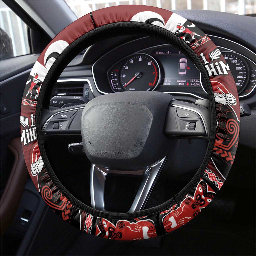 New Zealand Christmas Steering Wheel Cover Meri Kirihimete Aotearoa Warrior on Waka with Maori Art Tattoo LT03 - Polynesian Pride