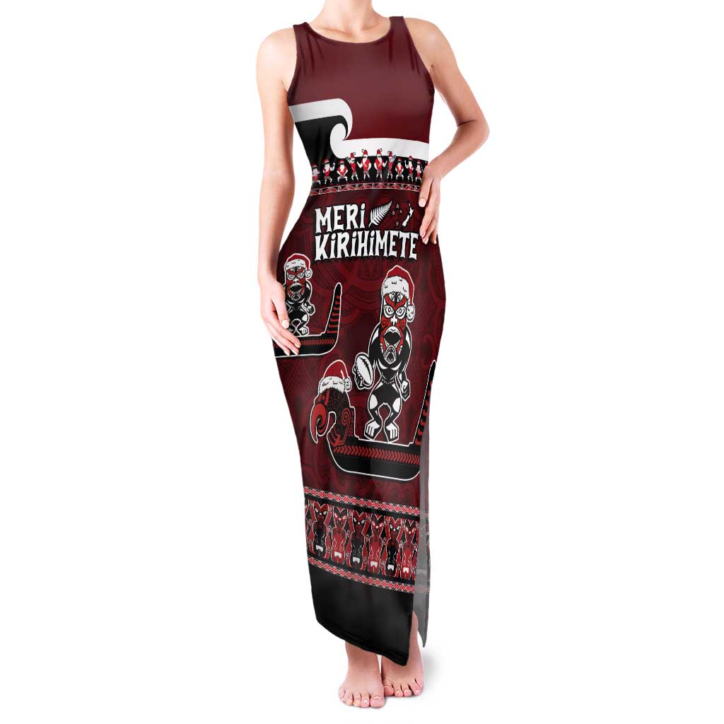 New Zealand Christmas Tank Maxi Dress Meri Kirihimete Aotearoa Warrior on Waka with Maori Art Tattoo