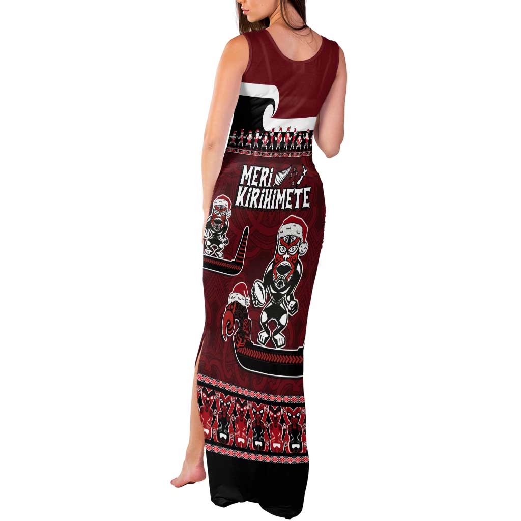 New Zealand Christmas Tank Maxi Dress Meri Kirihimete Aotearoa Warrior on Waka with Maori Art Tattoo
