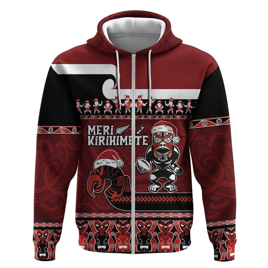 New Zealand Christmas Zip Hoodie Meri Kirihimete Aotearoa Warrior on Waka with Maori Art Tattoo