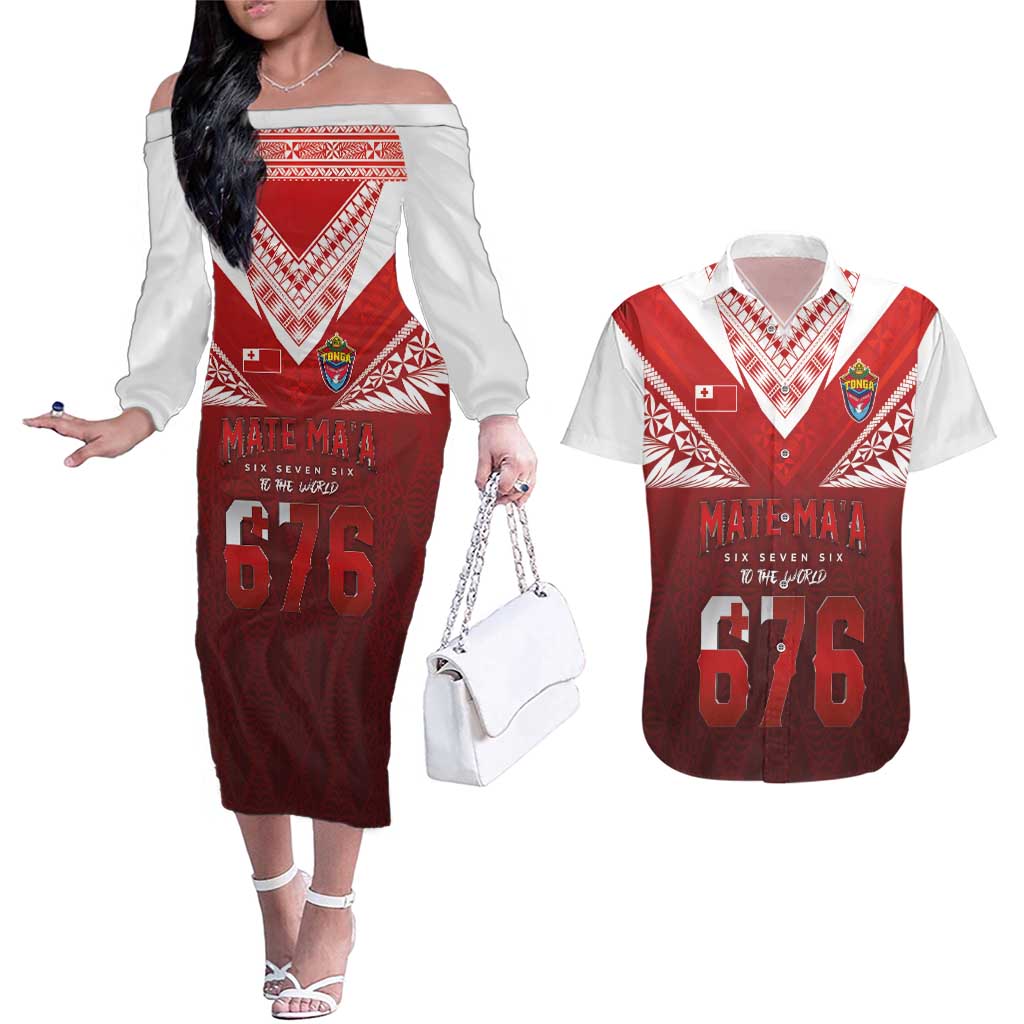 Mate Ma'a Tonga Rugby Couples Matching Off The Shoulder Long Sleeve Dress and Hawaiian Shirt Six Seven Six to The World LT03 Red - Polynesian Pride