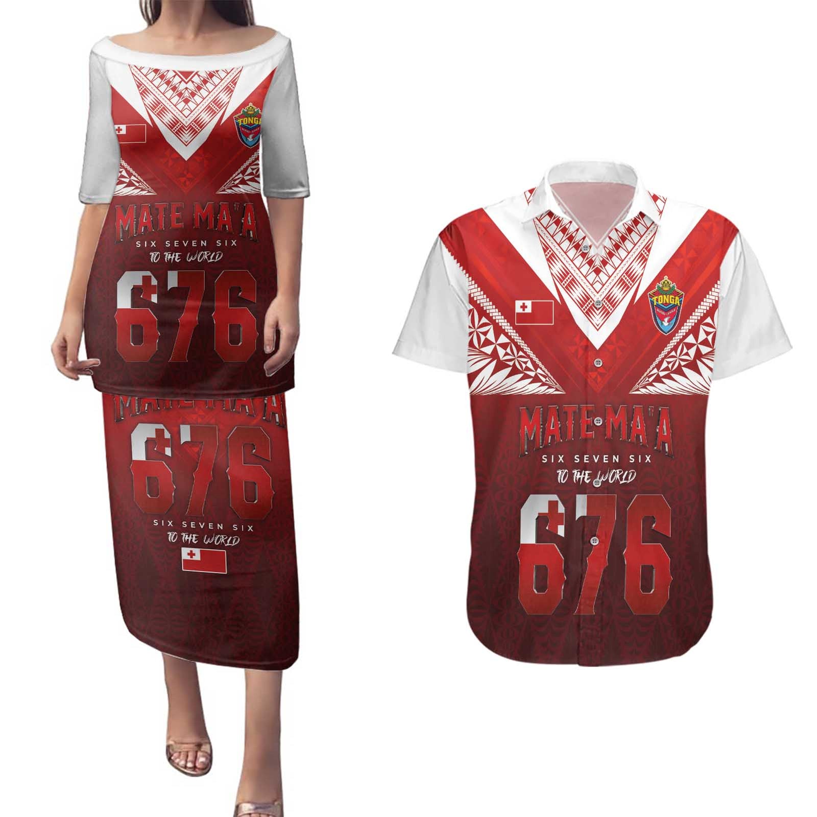 Mate Ma'a Tonga Rugby Couples Matching Puletasi and Hawaiian Shirt Six Seven Six to The World LT03 Red - Polynesian Pride