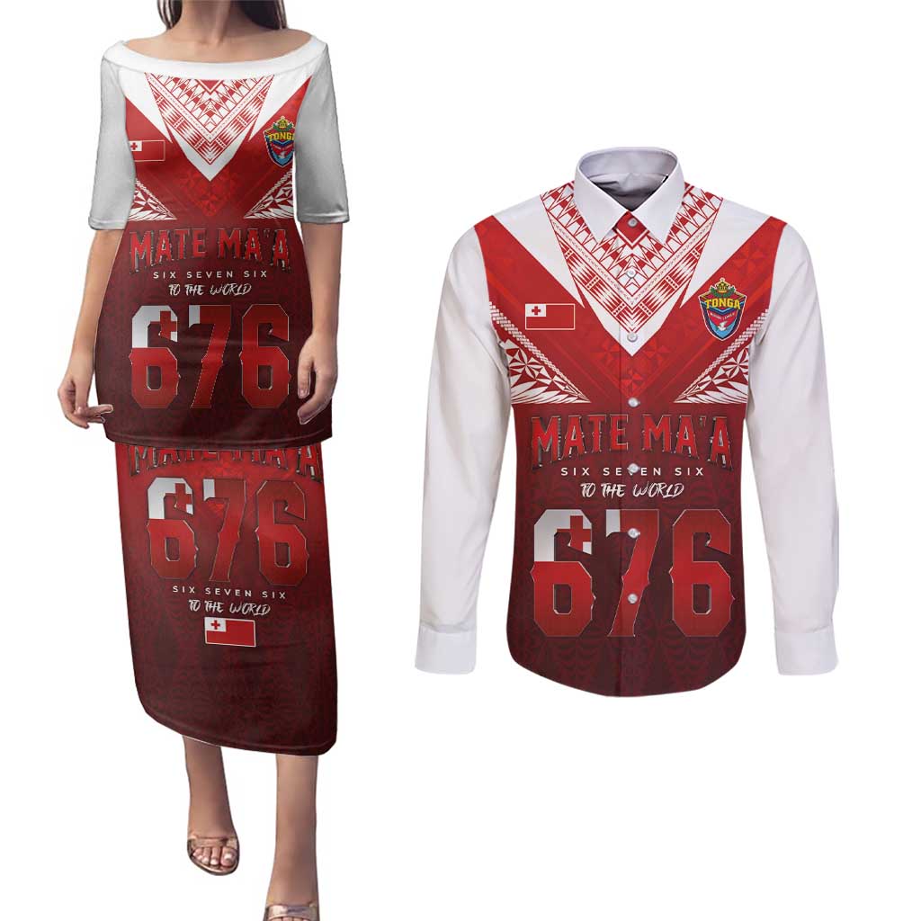 Mate Ma'a Tonga Rugby Couples Matching Puletasi and Long Sleeve Button Shirt Six Seven Six to The World LT03 Red - Polynesian Pride