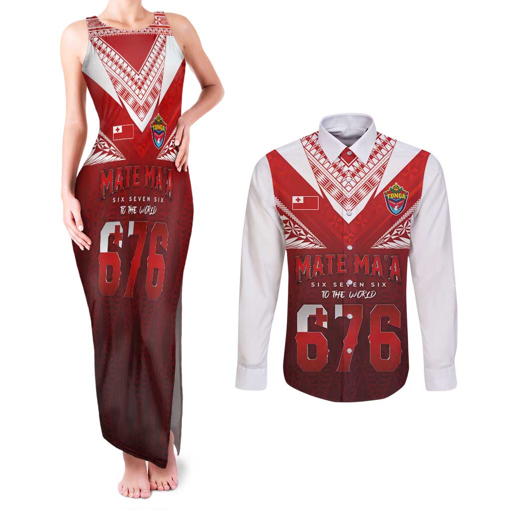 Mate Ma'a Tonga Rugby Couples Matching Tank Maxi Dress and Long Sleeve Button Shirt Six Seven Six to The World LT03 Red - Polynesian Pride