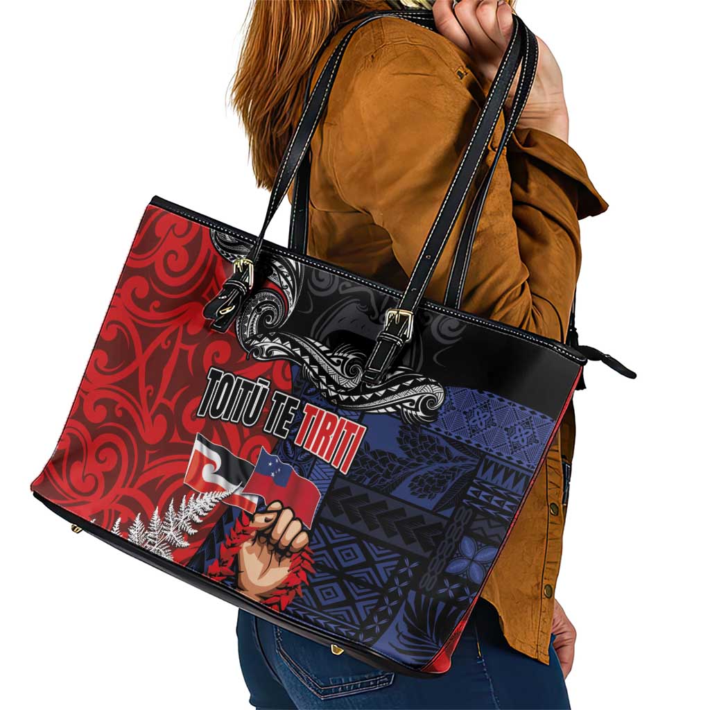 Aotearoa and Samoa Toitu Te Tiriti Leather Tote Bag Honour the Treaty - Te Tiriti Is Us