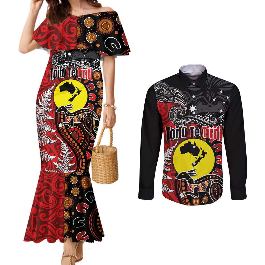 Aotearoa and Australia Toitu Te Tiriti Couples Matching Mermaid Dress and Long Sleeve Button Shirt Honour the Treaty - Te Tiriti Is Us LT03 Black - Polynesian Pride
