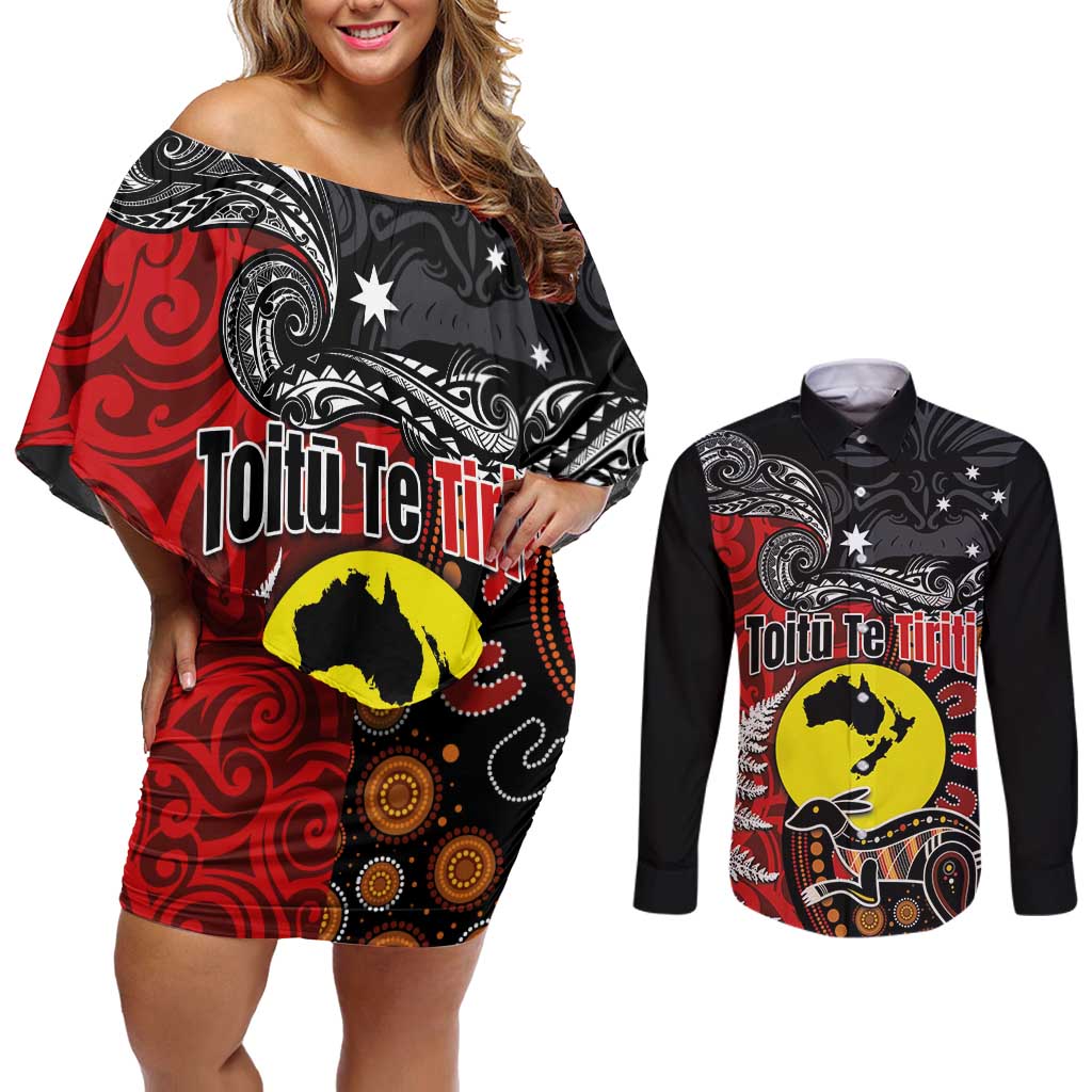 Aotearoa and Australia Toitu Te Tiriti Couples Matching Off Shoulder Short Dress and Long Sleeve Button Shirt Honour the Treaty - Te Tiriti Is Us LT03 Black - Polynesian Pride