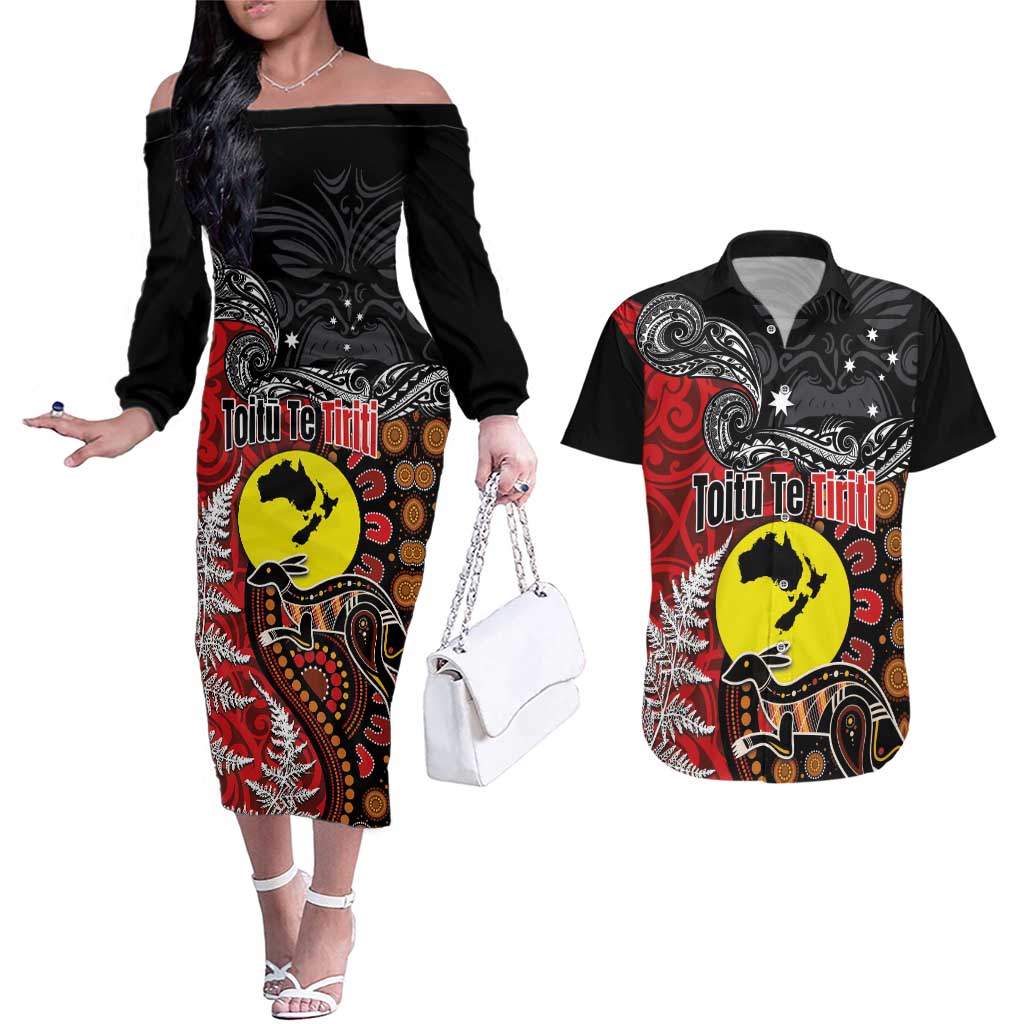 Aotearoa and Australia Toitu Te Tiriti Couples Matching Off The Shoulder Long Sleeve Dress and Hawaiian Shirt Honour the Treaty - Te Tiriti Is Us LT03 Black - Polynesian Pride
