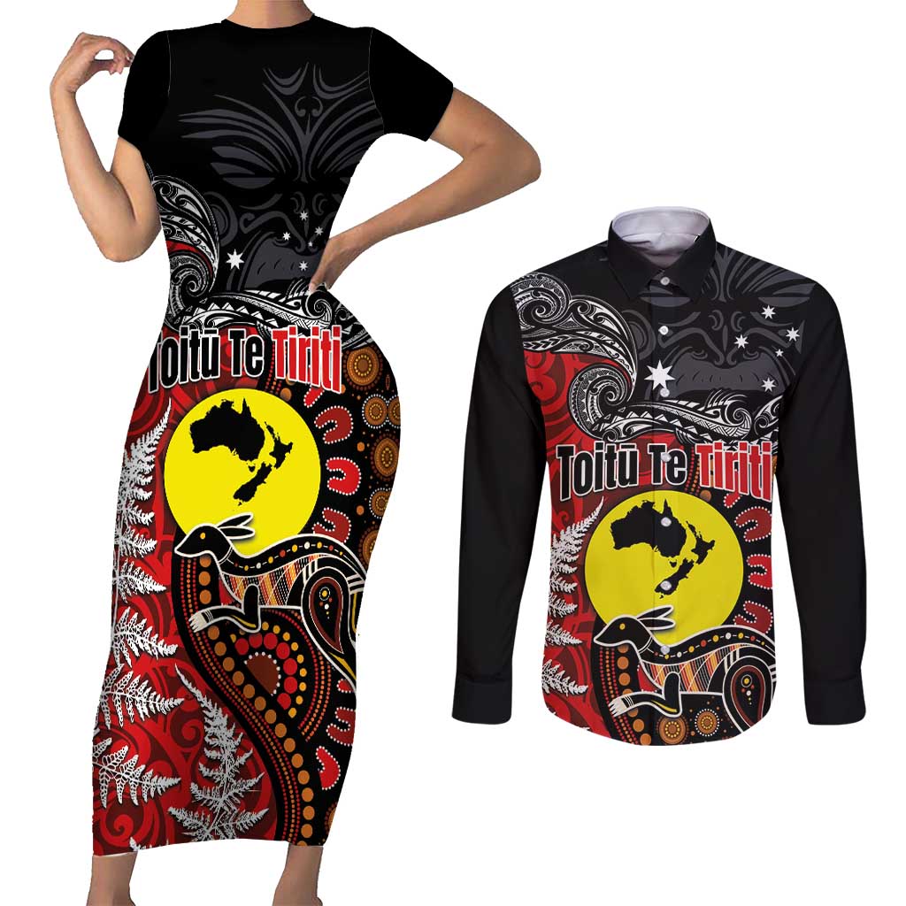 Aotearoa and Australia Toitu Te Tiriti Couples Matching Short Sleeve Bodycon Dress and Long Sleeve Button Shirt Honour the Treaty - Te Tiriti Is Us LT03 Black - Polynesian Pride