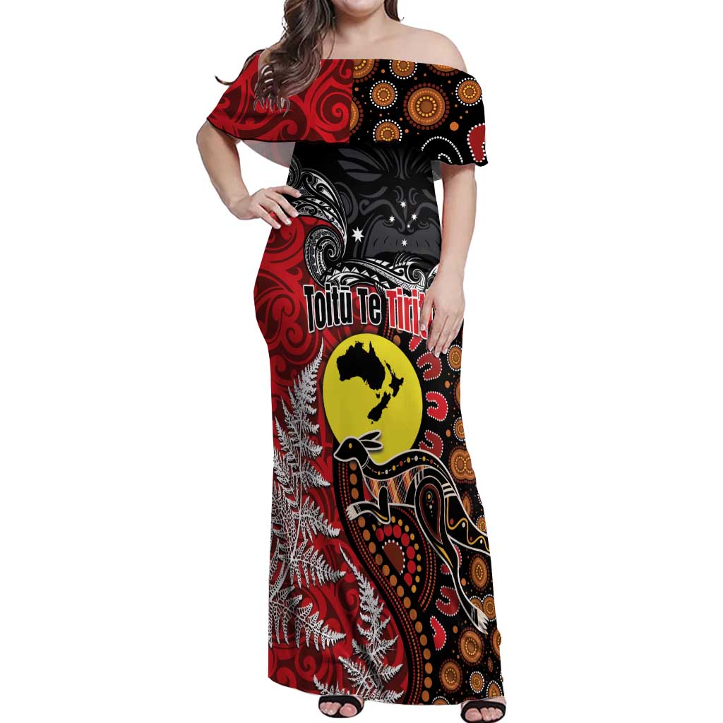 Aotearoa and Australia Toitu Te Tiriti Off Shoulder Maxi Dress Honour the Treaty - Te Tiriti Is Us LT03 Women Black - Polynesian Pride