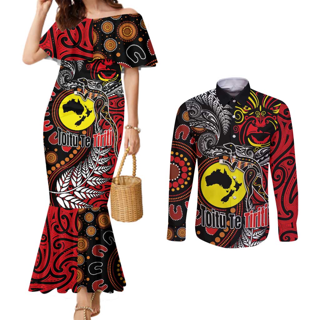 Aotearoa and Australia Toitu Te Tiriti Couples Matching Mermaid Dress and Long Sleeve Button Shirt Honour the Treaty - Stand Together Stand Stronger LT03 Black - Polynesian Pride