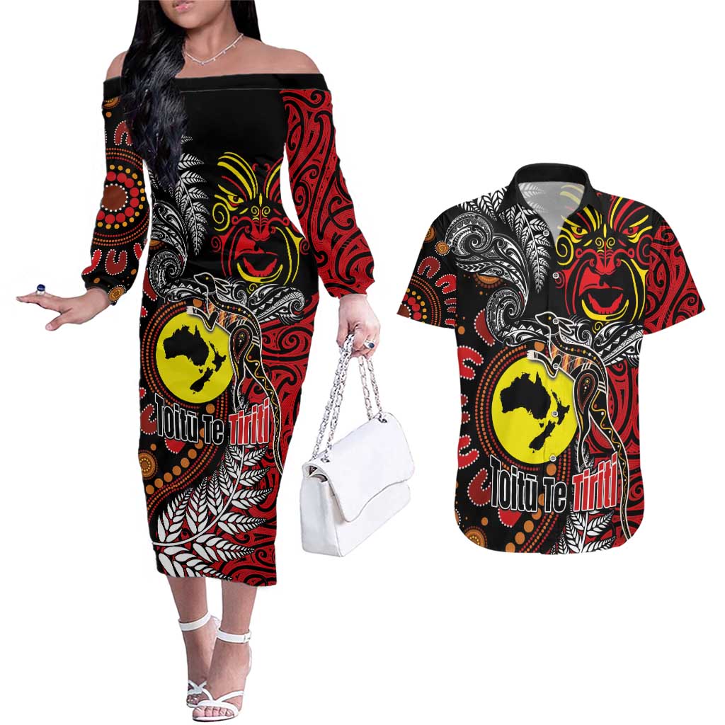 Aotearoa and Australia Toitu Te Tiriti Couples Matching Off The Shoulder Long Sleeve Dress and Hawaiian Shirt Honour the Treaty - Stand Together Stand Stronger LT03 Black - Polynesian Pride