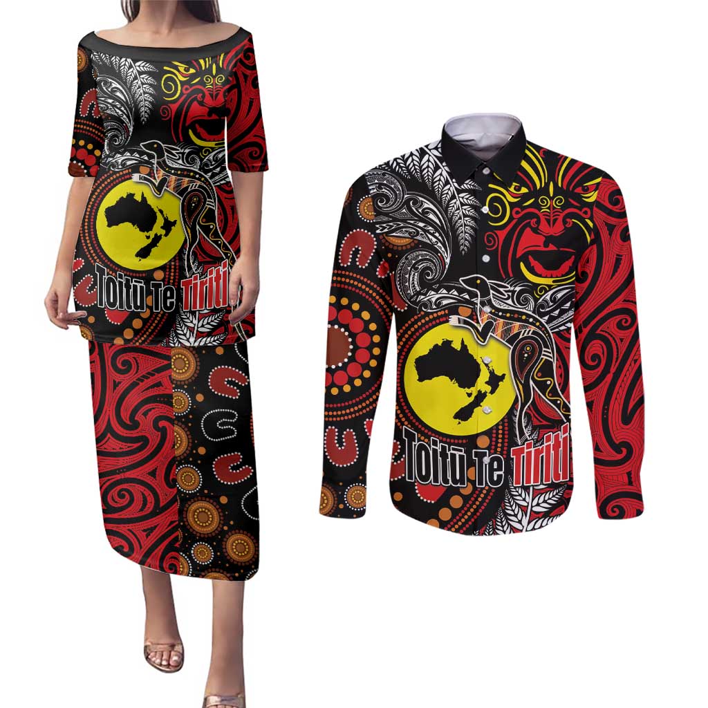Aotearoa and Australia Toitu Te Tiriti Couples Matching Puletasi and Long Sleeve Button Shirt Honour the Treaty - Stand Together Stand Stronger LT03 Black - Polynesian Pride