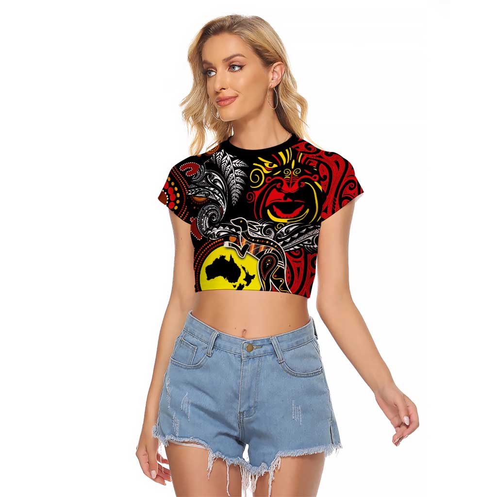 Aotearoa and Australia Toitu Te Tiriti Raglan Cropped T Shirt Honour the Treaty - Stand Together Stand Stronger LT03 Female Black - Polynesian Pride