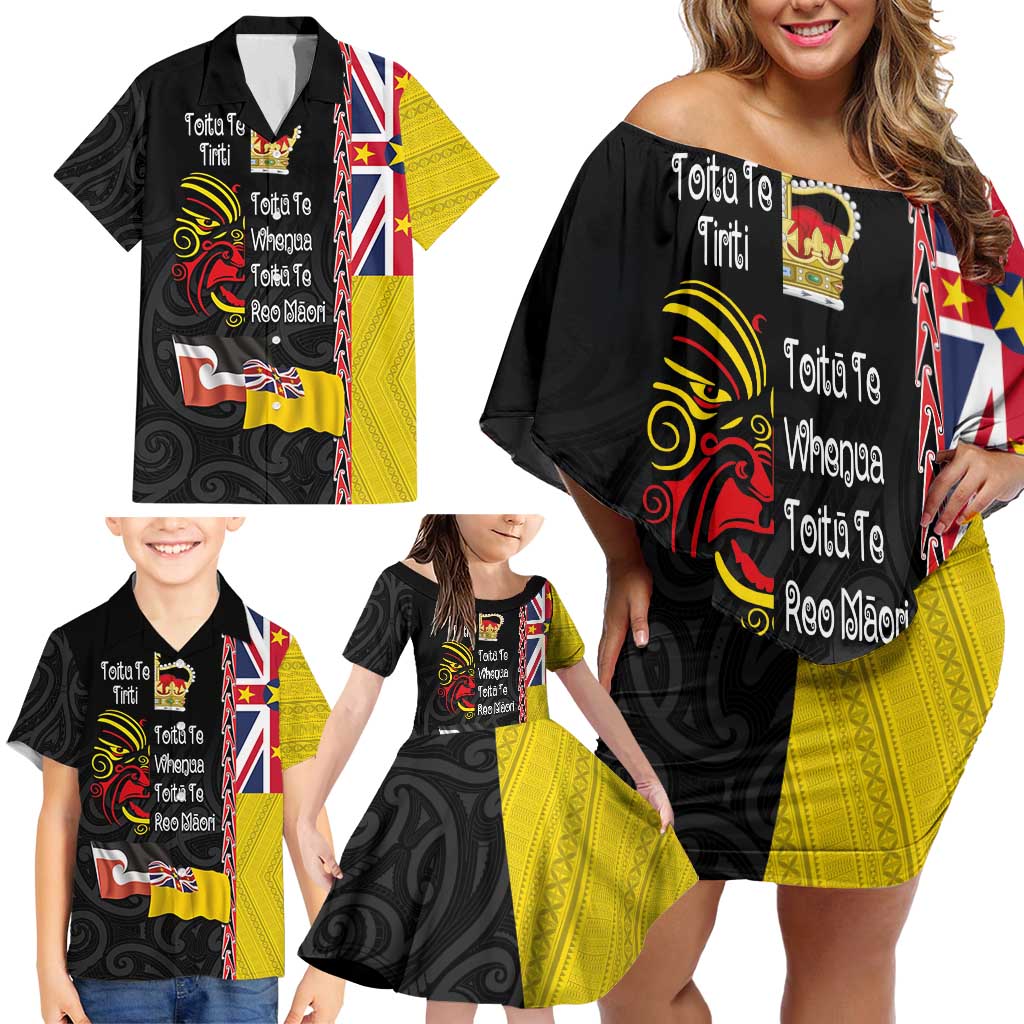 Aotearoa and Niue Toitu Te Tiriti Family Matching Off Shoulder Short Dress and Hawaiian Shirt Honour the Treaty - Fight Together Stand Together