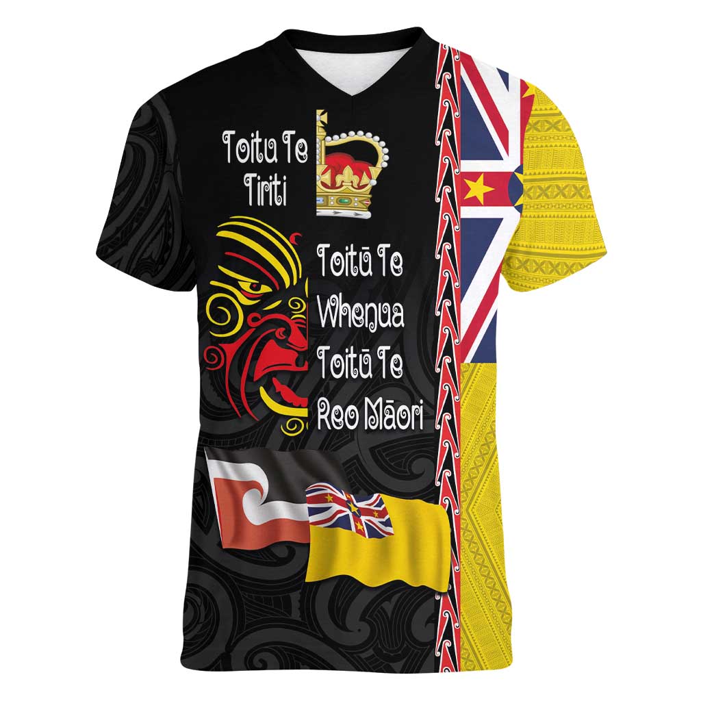 Aotearoa and Niue Toitu Te Tiriti Women V-Neck T-Shirt Honour the Treaty - Fight Together Stand Together