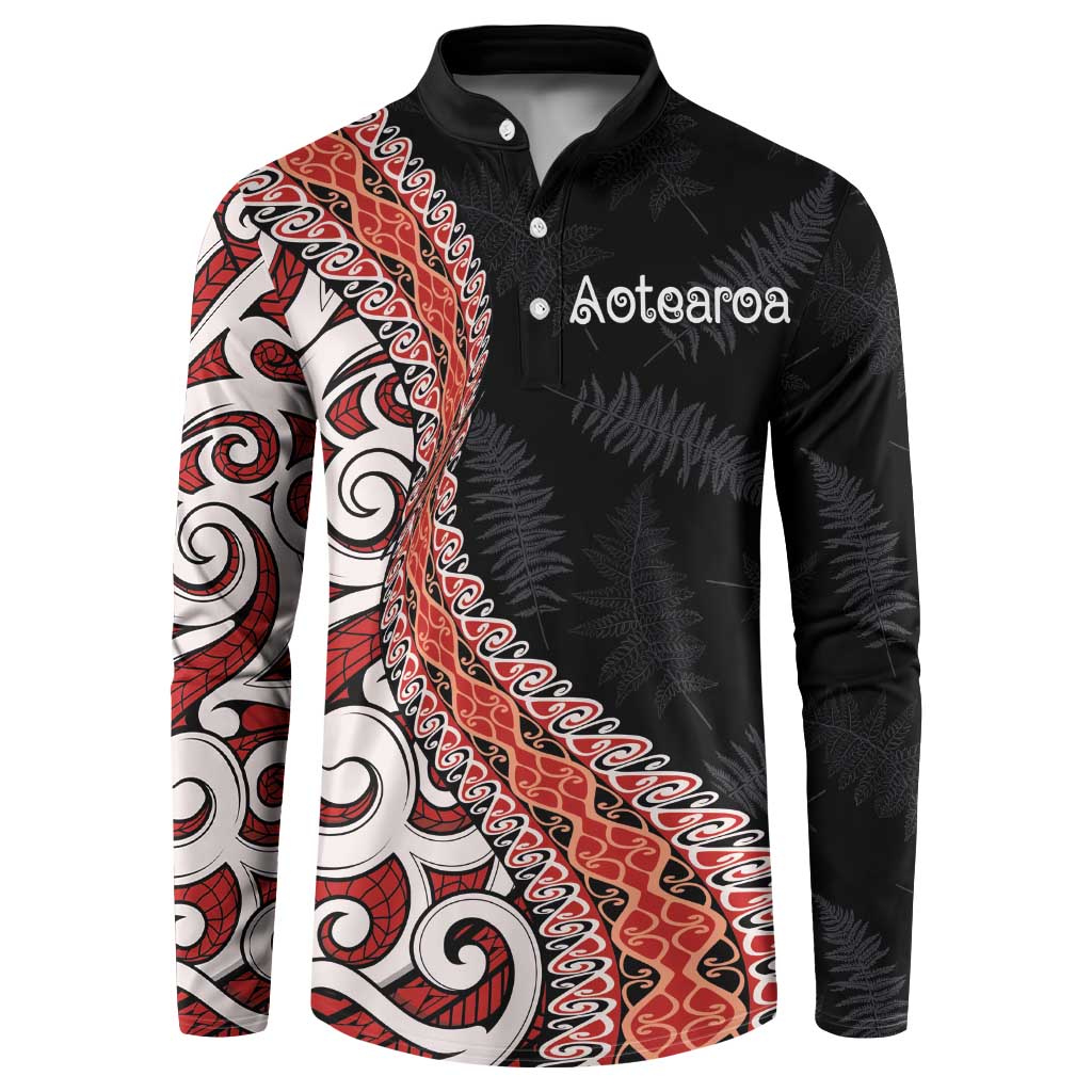 Aotearoa Maori Stylized Koru - Silver Ferns Button Sweatshirt LT03 Red - Polynesian Pride