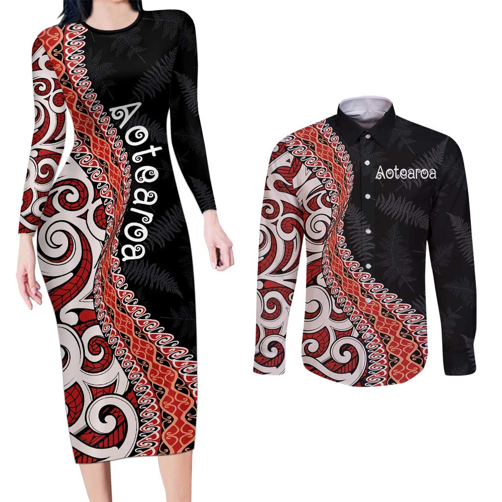 Aotearoa Maori Stylized Koru - Silver Ferns Couples Matching Long Sleeve Bodycon Dress and Long Sleeve Button Shirt LT03 Red - Polynesian Pride