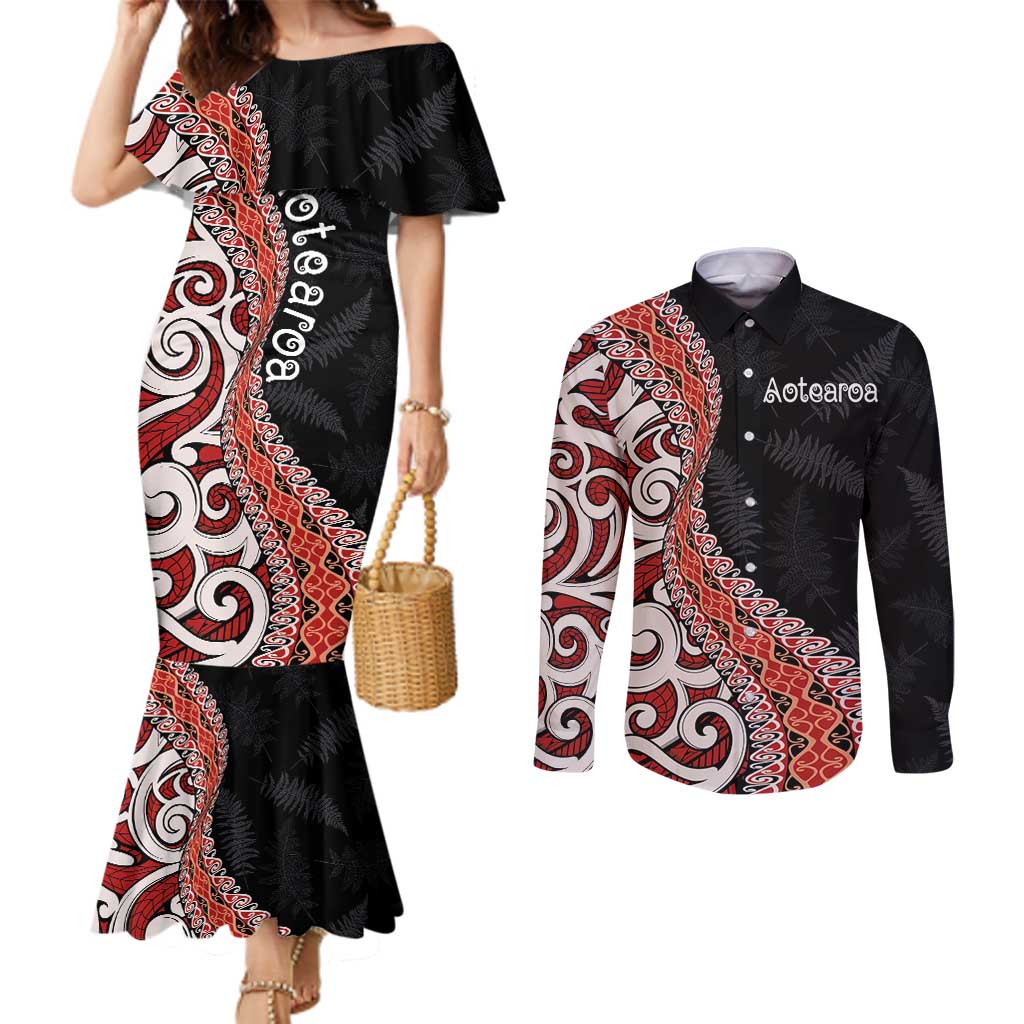 Aotearoa Maori Stylized Koru - Silver Ferns Couples Matching Mermaid Dress and Long Sleeve Button Shirt