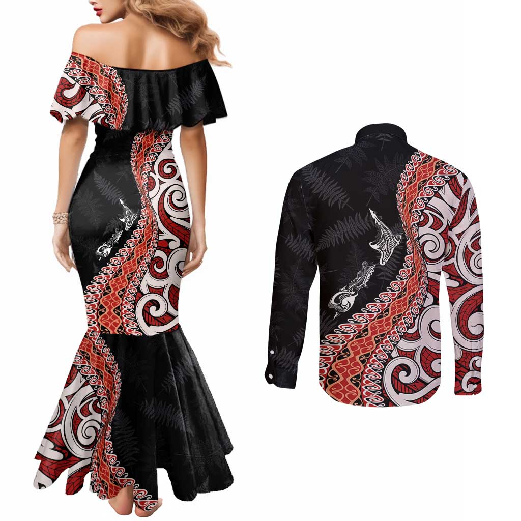 Aotearoa Maori Stylized Koru - Silver Ferns Couples Matching Mermaid Dress and Long Sleeve Button Shirt LT03 - Polynesian Pride
