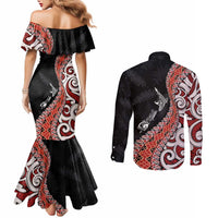 Aotearoa Maori Stylized Koru - Silver Ferns Couples Matching Mermaid Dress and Long Sleeve Button Shirt LT03 - Polynesian Pride
