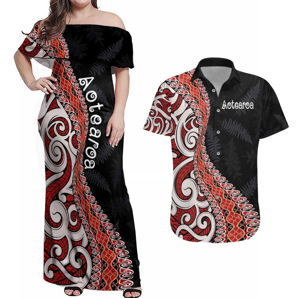 Aotearoa Maori Stylized Koru - Silver Ferns Couples Matching Off Shoulder Maxi Dress and Hawaiian Shirt