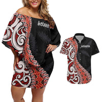 Aotearoa Maori Stylized Koru - Silver Ferns Couples Matching Off Shoulder Short Dress and Hawaiian Shirt LT03 Red - Polynesian Pride