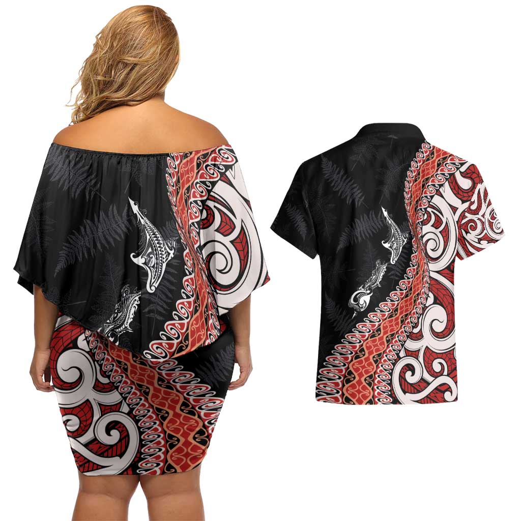 Aotearoa Maori Stylized Koru - Silver Ferns Couples Matching Off Shoulder Short Dress and Hawaiian Shirt LT03 - Polynesian Pride