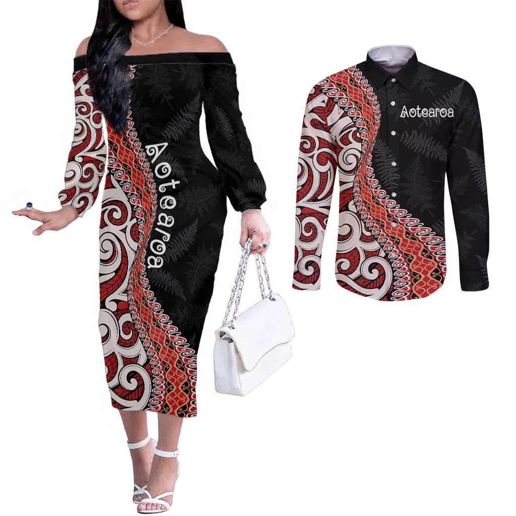 Aotearoa Maori Stylized Koru - Silver Ferns Couples Matching Off The Shoulder Long Sleeve Dress and Long Sleeve Button Shirt LT03 Red - Polynesian Pride