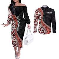 Aotearoa Maori Stylized Koru - Silver Ferns Couples Matching Off The Shoulder Long Sleeve Dress and Long Sleeve Button Shirt LT03 Red - Polynesian Pride