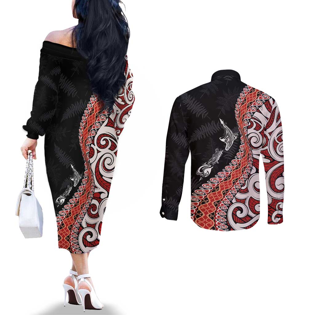 Aotearoa Maori Stylized Koru - Silver Ferns Couples Matching Off The Shoulder Long Sleeve Dress and Long Sleeve Button Shirt LT03 - Polynesian Pride