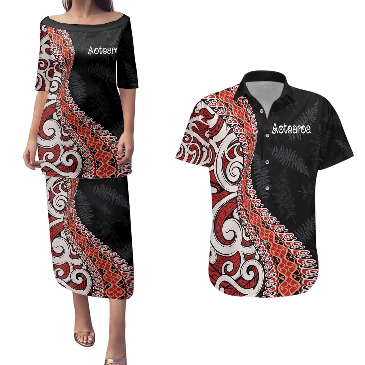 Aotearoa Maori Stylized Koru - Silver Ferns Couples Matching Puletasi and Hawaiian Shirt LT03 Red - Polynesian Pride