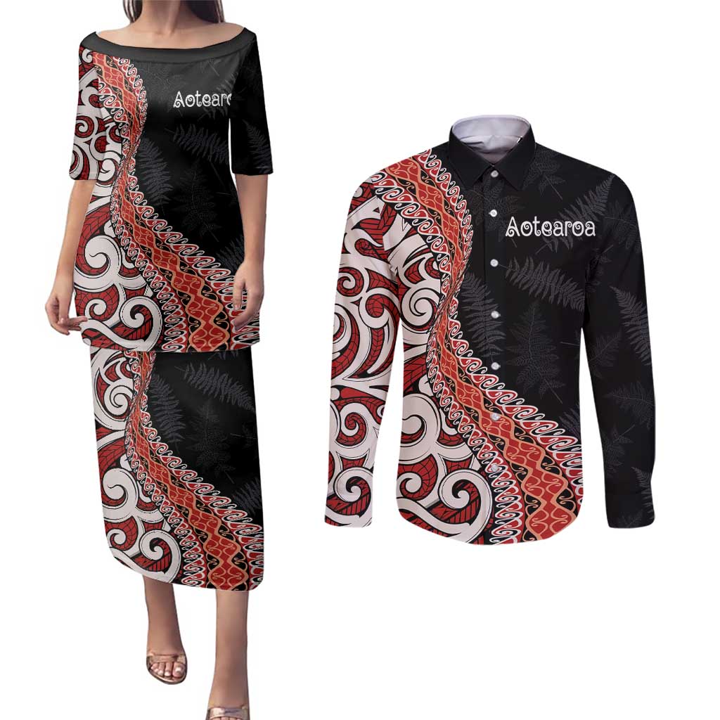 Aotearoa Maori Stylized Koru - Silver Ferns Couples Matching Puletasi and Long Sleeve Button Shirt LT03 Red - Polynesian Pride