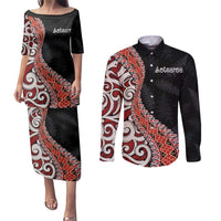 Aotearoa Maori Stylized Koru - Silver Ferns Couples Matching Puletasi and Long Sleeve Button Shirt LT03 Red - Polynesian Pride