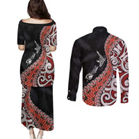 Aotearoa Maori Stylized Koru - Silver Ferns Couples Matching Puletasi and Long Sleeve Button Shirt LT03 - Polynesian Pride