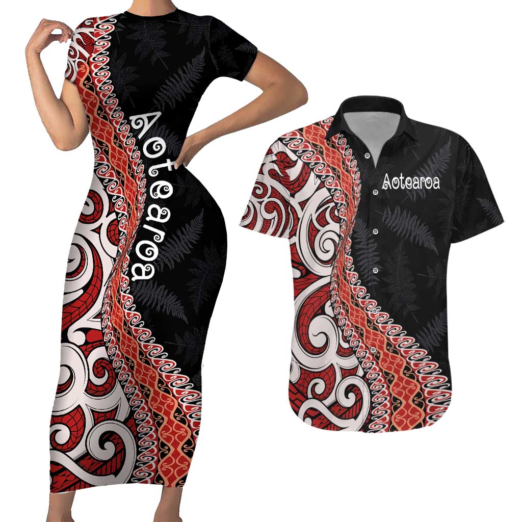 Aotearoa Maori Stylized Koru - Silver Ferns Couples Matching Short Sleeve Bodycon Dress and Hawaiian Shirt LT03 Red - Polynesian Pride