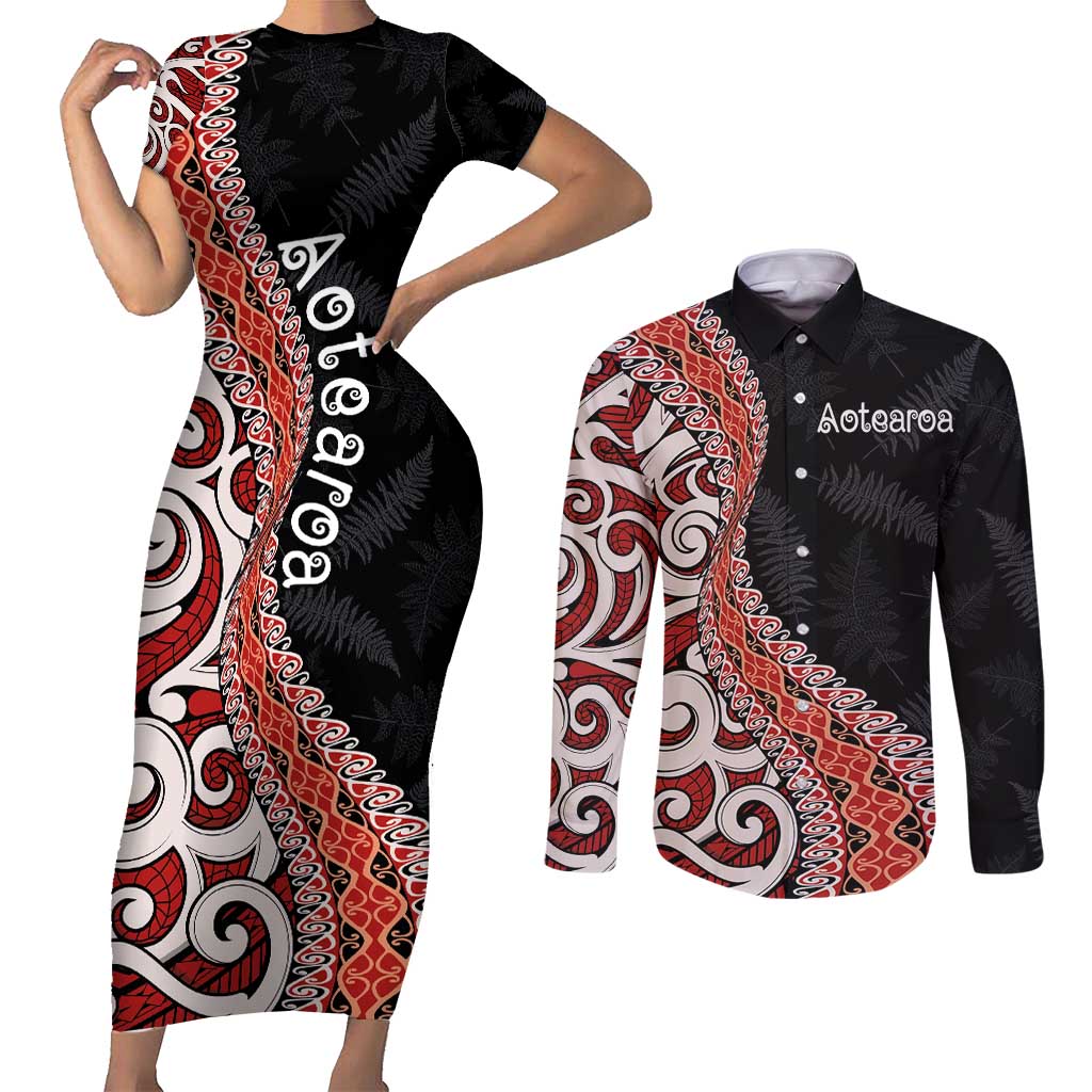 Aotearoa Maori Stylized Koru - Silver Ferns Couples Matching Short Sleeve Bodycon Dress and Long Sleeve Button Shirt LT03 Red - Polynesian Pride