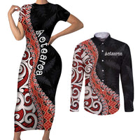 Aotearoa Maori Stylized Koru - Silver Ferns Couples Matching Short Sleeve Bodycon Dress and Long Sleeve Button Shirt LT03 Red - Polynesian Pride