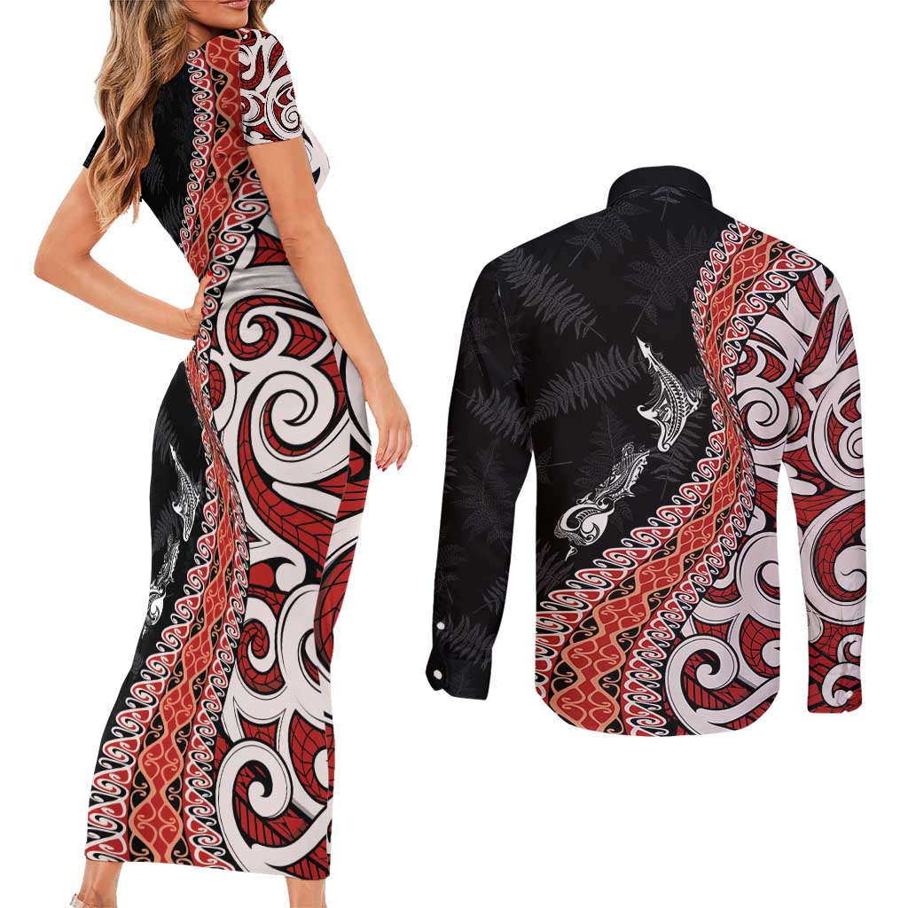 Aotearoa Maori Stylized Koru - Silver Ferns Couples Matching Short Sleeve Bodycon Dress and Long Sleeve Button Shirt LT03 - Polynesian Pride