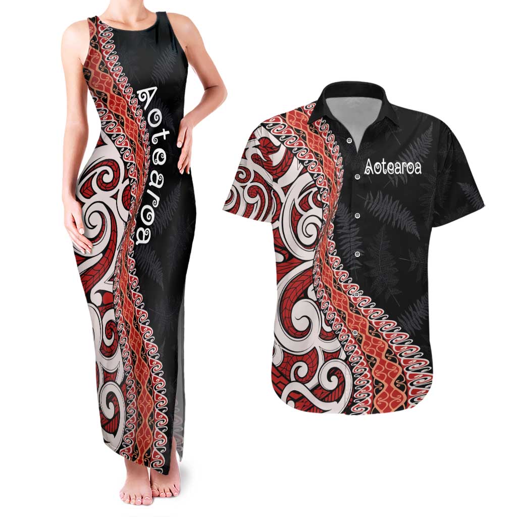 Aotearoa Maori Stylized Koru - Silver Ferns Couples Matching Tank Maxi Dress and Hawaiian Shirt LT03 Red - Polynesian Pride